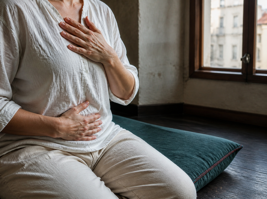 Hands resting on the chest and abdomen during a breathing practice