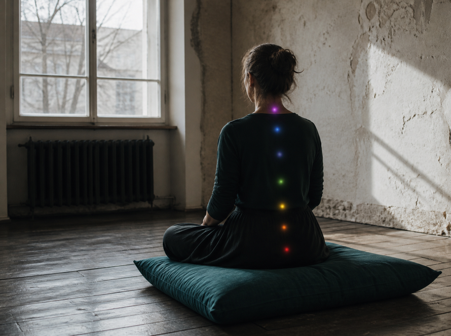 Subtle chakra light points during meditation in a Prague studio