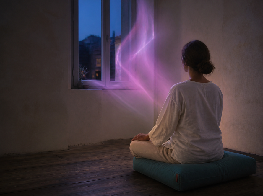 Violet light visualization in a quiet Prague meditation room